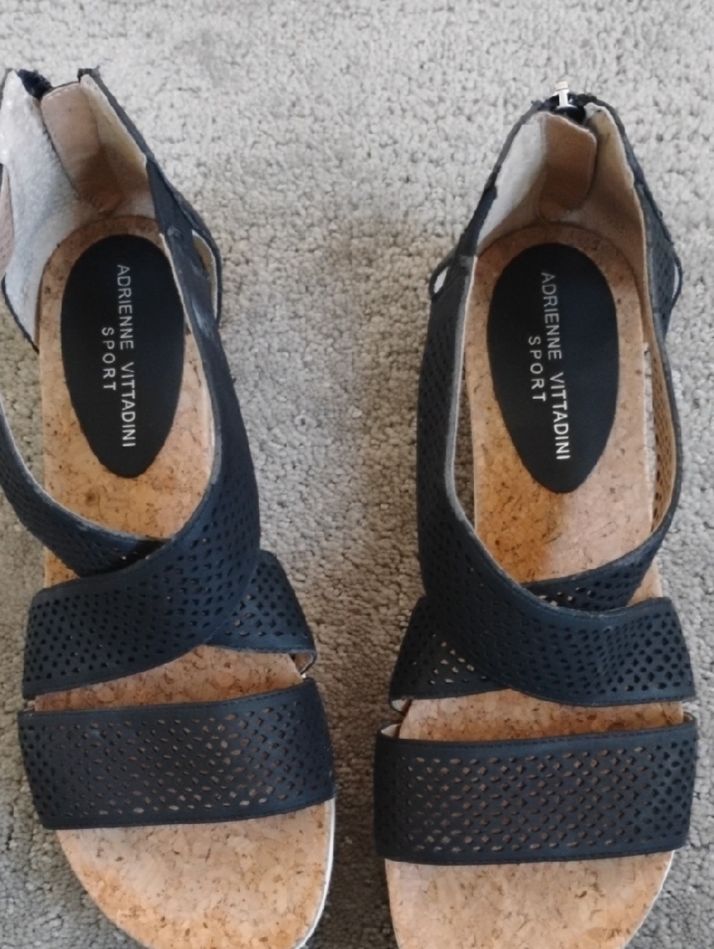 Adrienne Vittadini Sport Black Perforated Cork-Trim Sandals.  Size 9